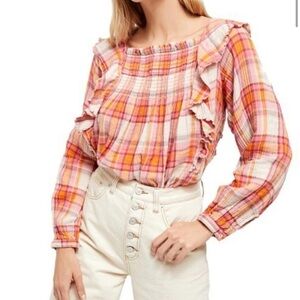 Free people Siena ruffle blouse plaid flannel medium NWT